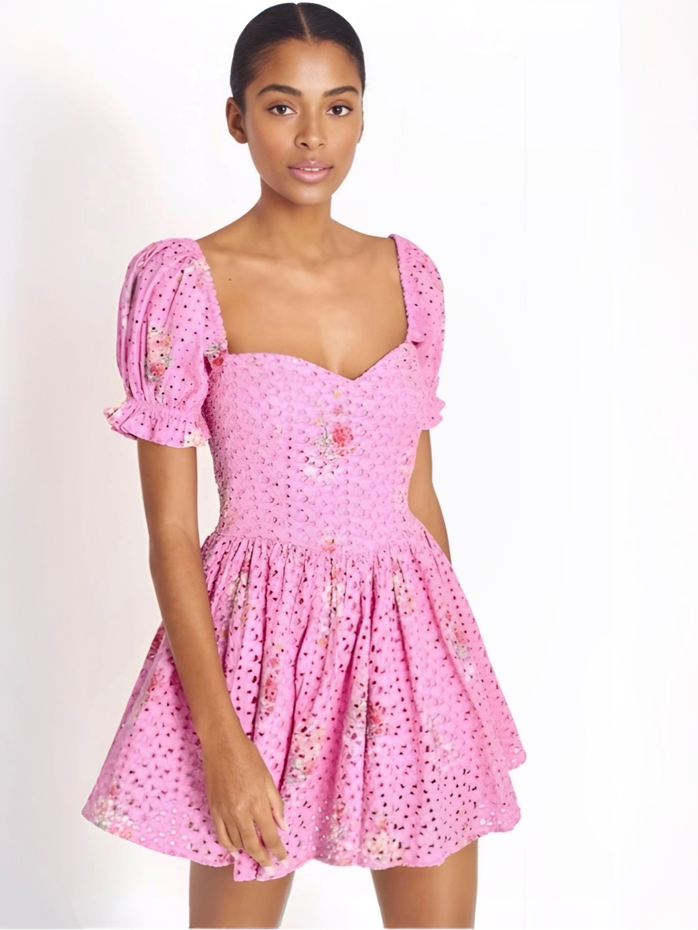 LoveShackFancy Altima Puff Sleeve Eyelet Pink Floral Mini Dress Sz S $395 - Picture 1 of 11